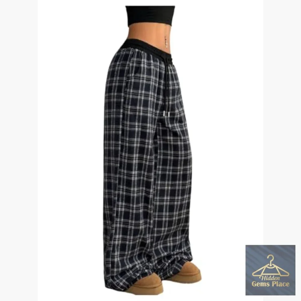 Wide Leg Flannel Pajama Pants with Pockets, Lounge Sweatpants
